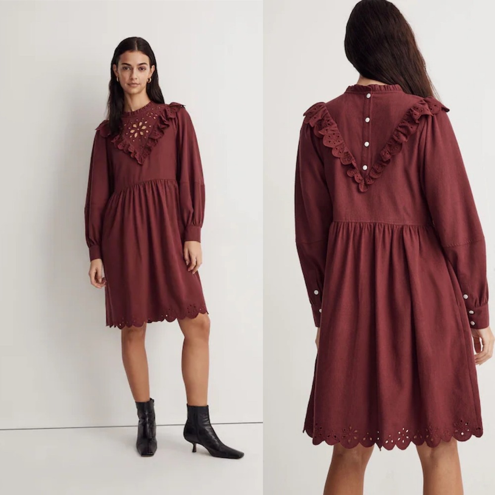 Madewell Eyelet Ruffle‎ Babydoll Flannel Dress Maroon Long Sleeve Small